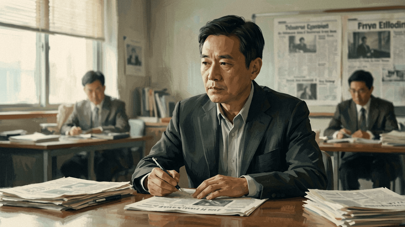 繁體中文 alt:一位中年男子站在公園的長椅旁,專注地閱讀報紙,背景有綠色樹木和陽光,展現健康新聞與醫療報導的場景。