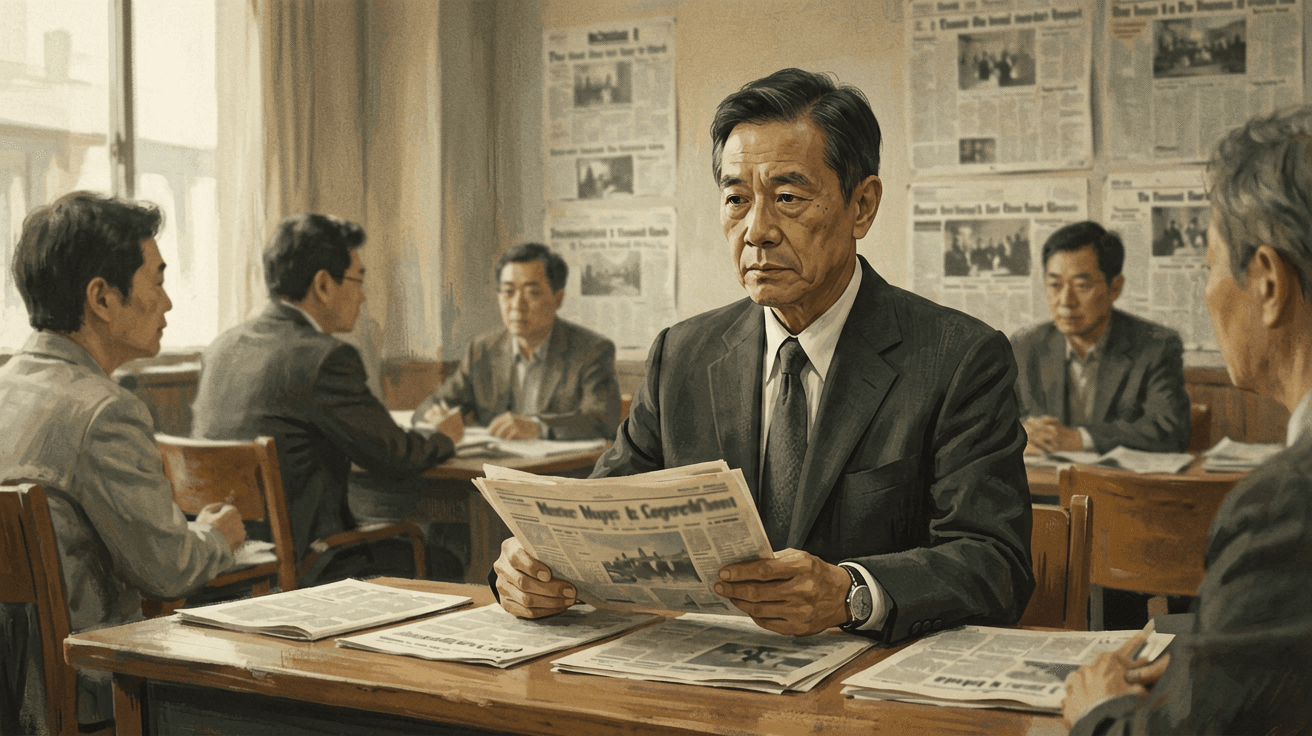 Alt text:一名男士站在台北市街道的人行橫道上,身穿黑色外套、牛仔褲和棕色鞋子,背景是現代玻璃外牆的辦公大樓,天空晴朗,台灣都市的繁忙景象。