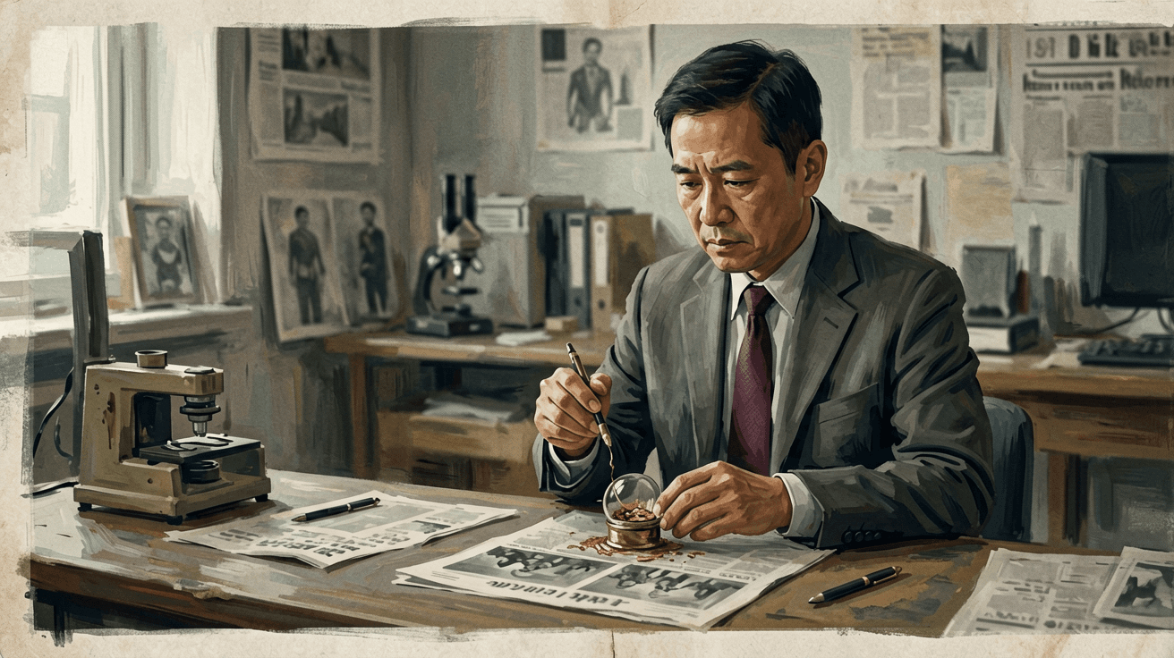 繁體中文 alt:一位年輕男子穿著西裝,坐在寬敞明亮的會議室內,專注地閱讀文件,桌上有筆、咖啡杯和筆記本電腦,背景是高樓窗景。