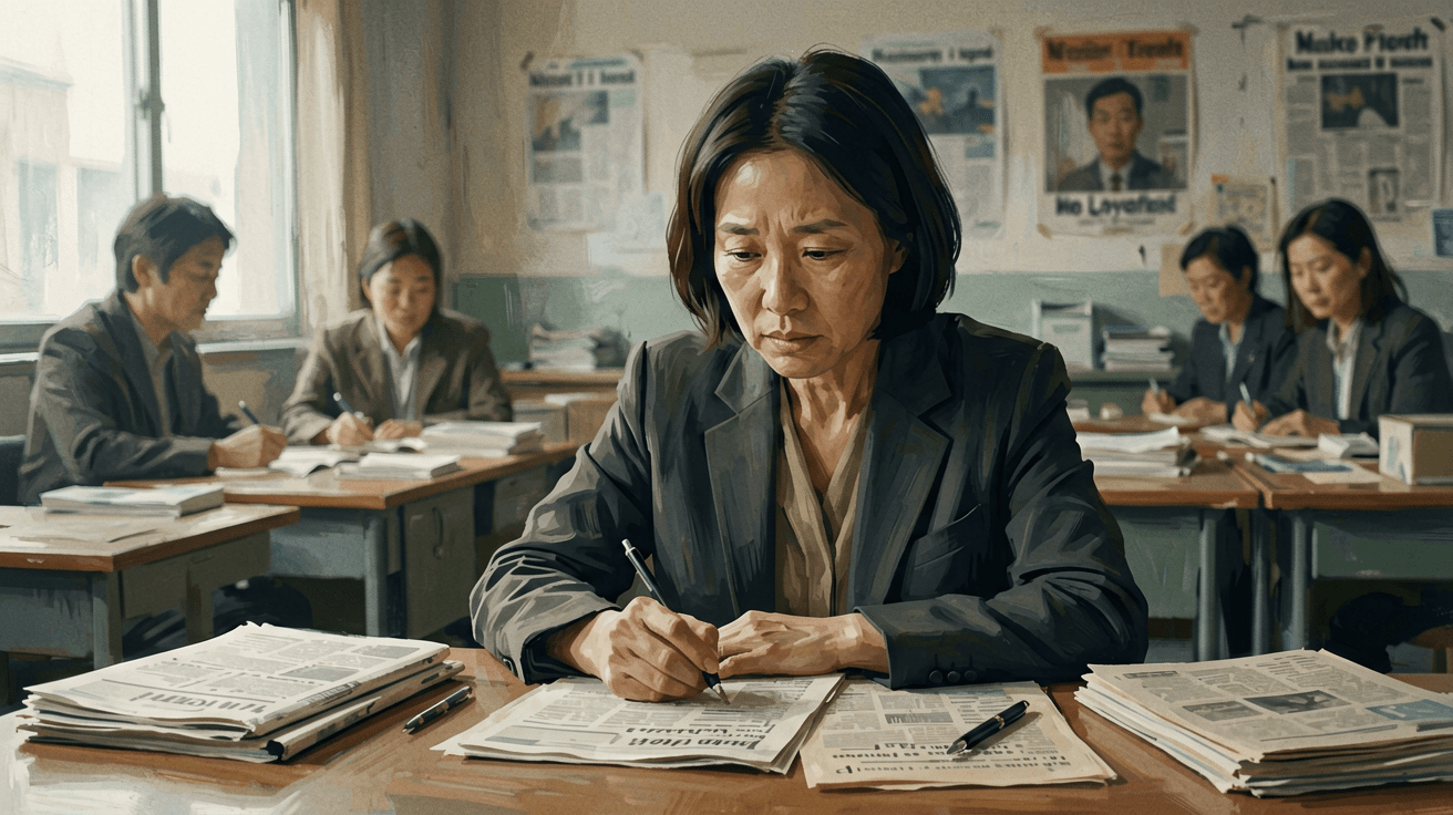 Alt text:一位年輕女性站在現代辦公大樓外,用手機查看健康新聞,背景是玻璃幕牆和台灣常見的樹木,展現台灣的科技與公共衛生議題。