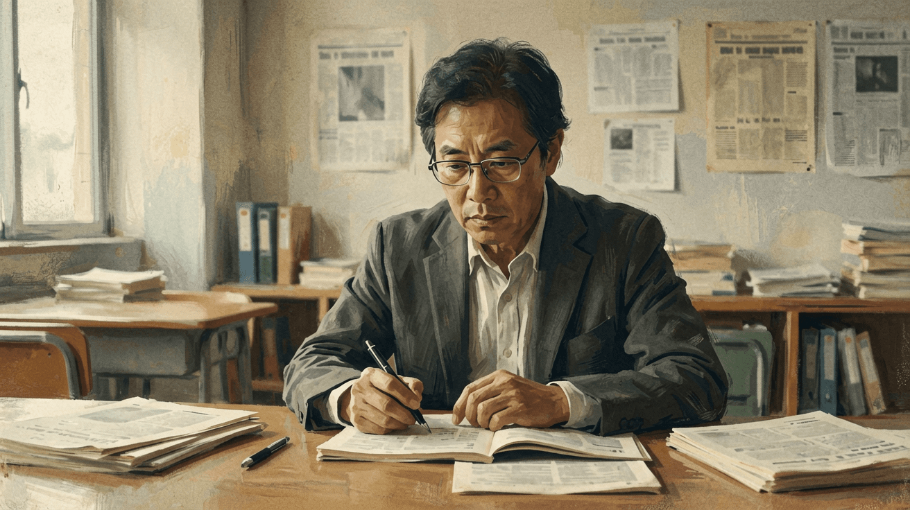 繁體中文 alt:一位年輕男士坐在辦公桌前,專注於閱讀健康新聞和醫療報導資料,旁邊有筆記本和咖啡,背景是書架和窗戶,展現台灣公衛與健康科技的工作場景。