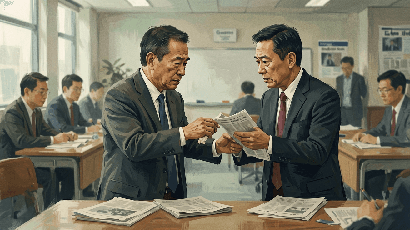 Alt text:一位中年男士身穿西裝,手持麥克風在戶外演講,背景是現代玻璃建築,旁邊有幾位觀眾。