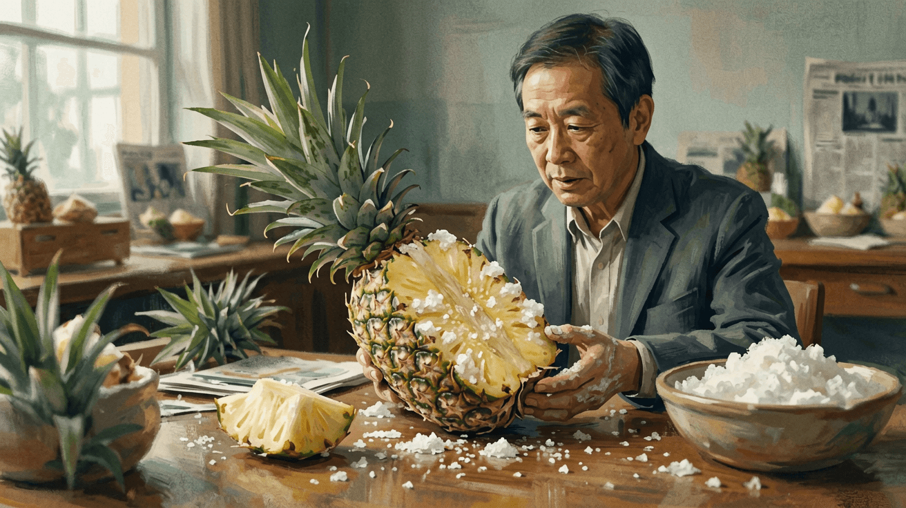 繁體中文 alt:一位中年男子戴著草帽站在台灣農場的水果攤前,擺滿了鳳梨、芒果和其他熱帶水果,背景是綠色田野和藍天,展示台灣在農業與健康食品方面的特色。