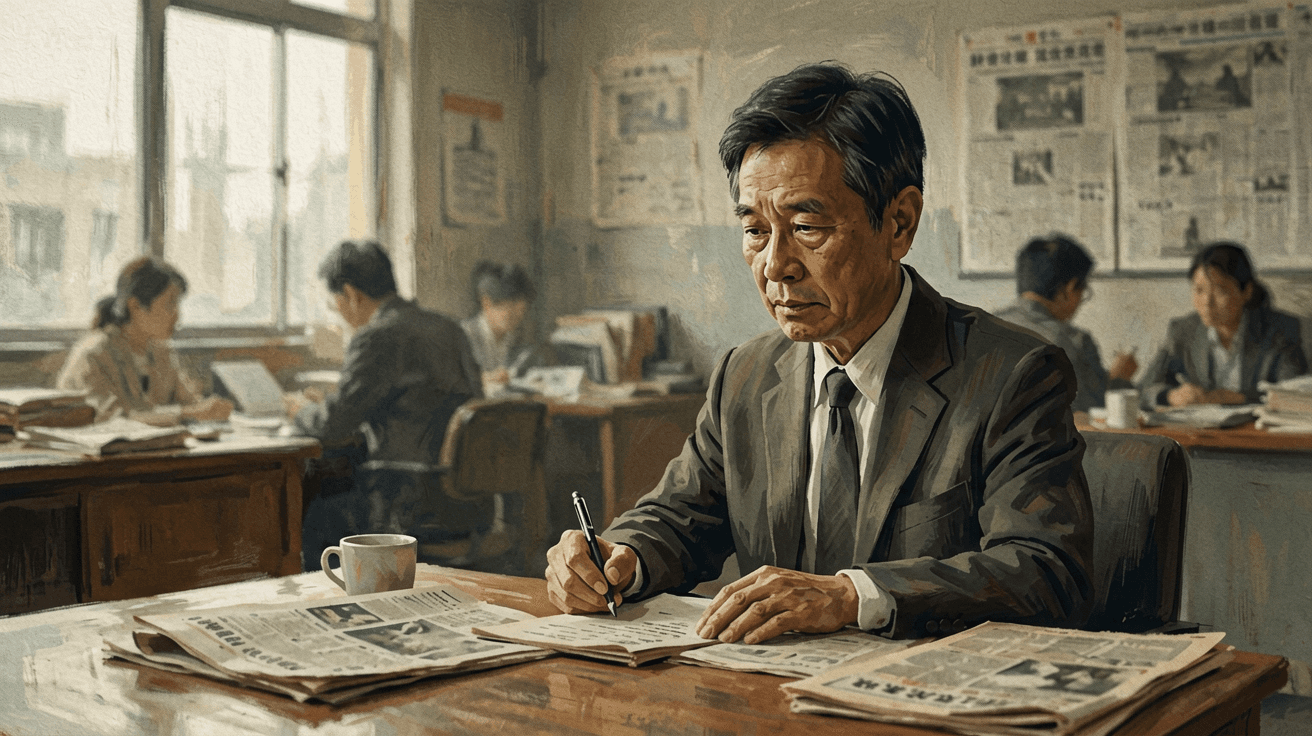 Alt text:一位男士穿著藍色外套,手持氣象圖和健康科技相關資料,在戶外的天氣台站前,專注研究台灣的氣象與公共衛生議題,背景有天氣監測設備